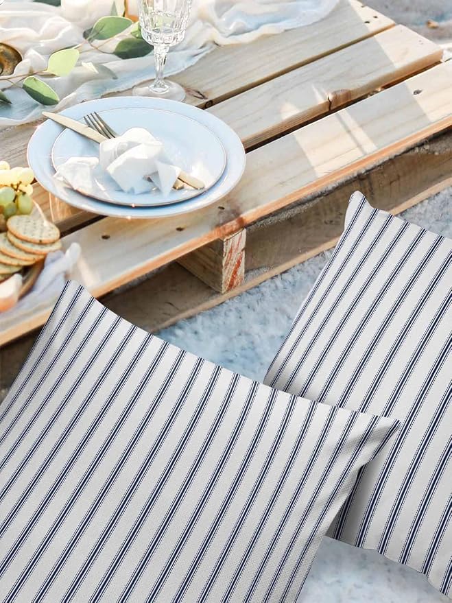 Outdoor Waterproof Throw Pillow Covers Set of 2 Blue Stripe Pillowcases 24x24 Inches Vertical Striped Patio Decorative Pillows Cushion Case Patio Pillows for Couch Bed Chair Garden