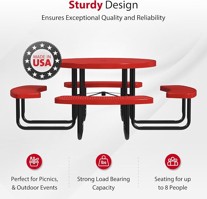 Leisure Craft Metal Picnic Table with Bench - 46" Round Outdoor Dining Table for 8 with Umbrella Hole, Weatherproof Heavy Duty Thermoplastic Coating, Commercial Grade Furniture Made in USA - Red