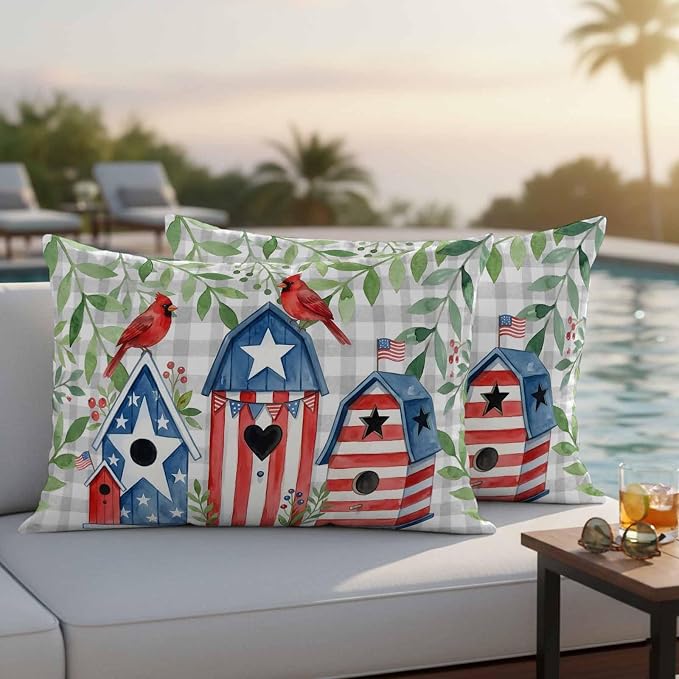 American Flag Bird House Outdoor Pillow Covers Waterproof, All Weather Cushion Case Set of 2, Green Eucalyptus Grey Plaid 250th Lumbar Pillowcase for Sofa Couch Bed Decor Patio Furniture 20"x12"