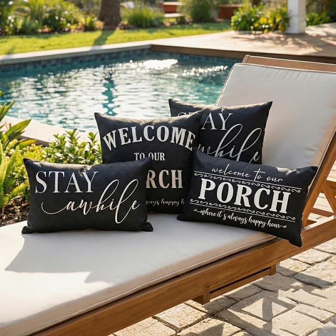 Front Porch Decor Pillow Black Outdoor Throw Pillow Covers Waterproof 18x18 | Set of 2, No Inserts, Stay Awhile Sign, Patio, Weather Resistant Outdoor Pillows, Welcome Sign for Front Porch