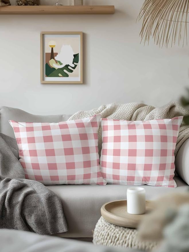 Waterproof Outdoor Pillow 1 Pack Pink Buffalo Plaid Decorative Throw Pillows Cover & Insert 18x18 Inch Pillowcase Check Lines Square Pillows for Couch Sofa Bed Patio Furniture Indoor Outdoor