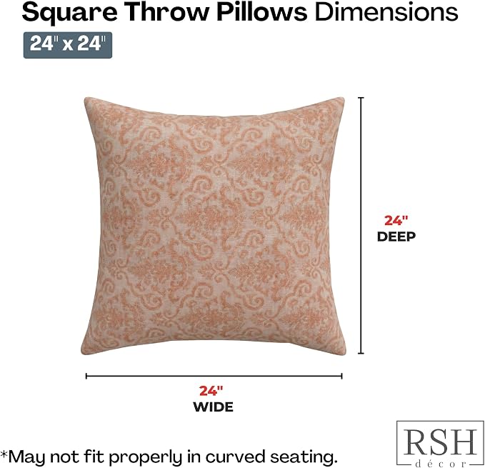 RSH DECOR Square Throw Pillows Set of 2, 24" x 24", Outdoor Pillows Waterproof, Outdoor Pillow Covers, Pillow Covers for Couch, Rialto Papaya, Made in USA