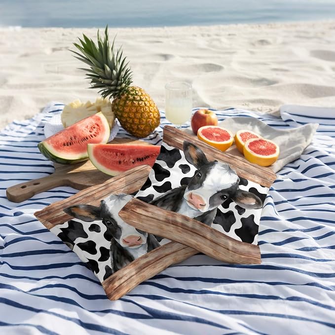 Cow Printed Outdoor Pillow Covers 18x18 Inch Throw Pillow Covers Set of 2 Waterproof Decorative Pillow Cases Farmhouse Watercolor Country Wooden Grain Cushion Covers for Patio Furniture Garden Couch