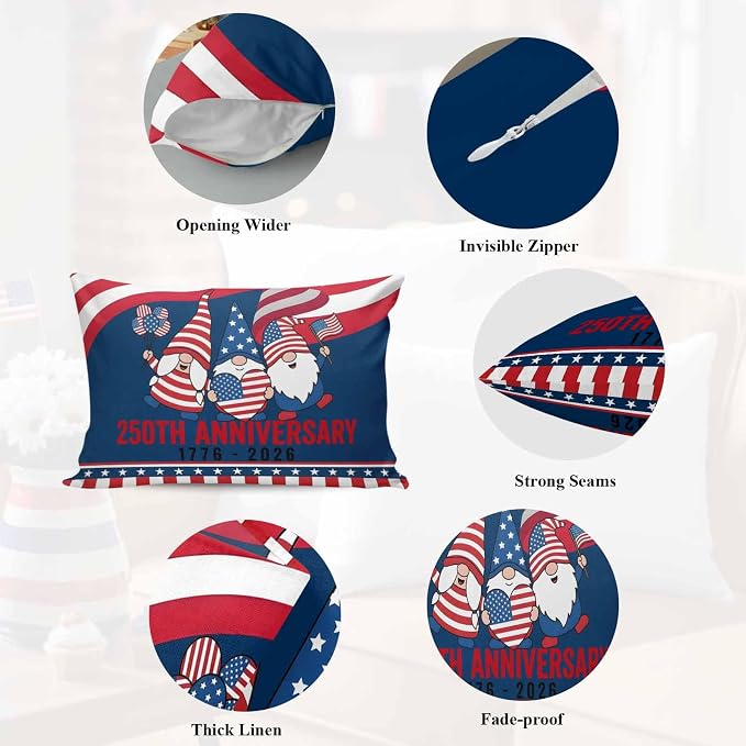 250th Anniversary Outdoor Pillow Covers 20"x12" Set of 2, Patriotic Gnome USA Flag Independence Day Waterproof Throw Pillow Covers for Patio Furniture, Decorative Cushion Covers for Porch