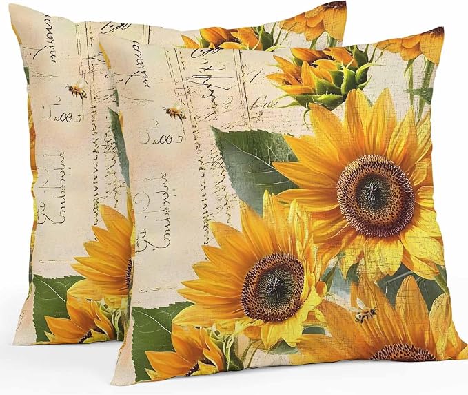 Throw Pillow Covers 26x26 Inch Set of 2, Yellow Sunflowers Waterproof Outdoor Cushion Covers, Country Vintage Botanical Floral Decorative Pillowcases for Couch, Sofa, Bed, Garden, Patio
