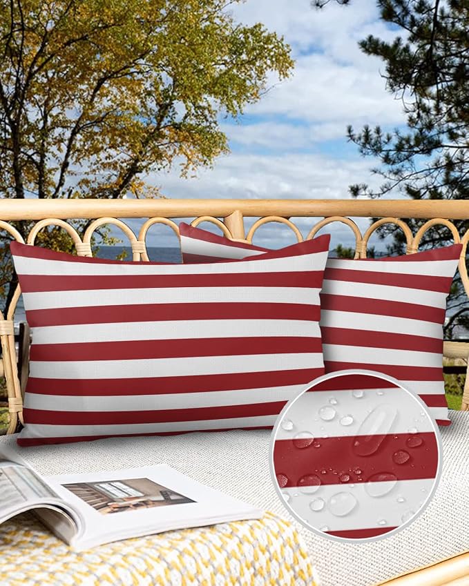 Lumbar Throw Pillow Covers 12x20 Outdoor Waterproof Pillow Covers for Patio Furniture Christmas Red Throw Pillow Cover Red And White Stripes Pillowcases Set of 2 Cushion Case for Sofa Couch Chair Home