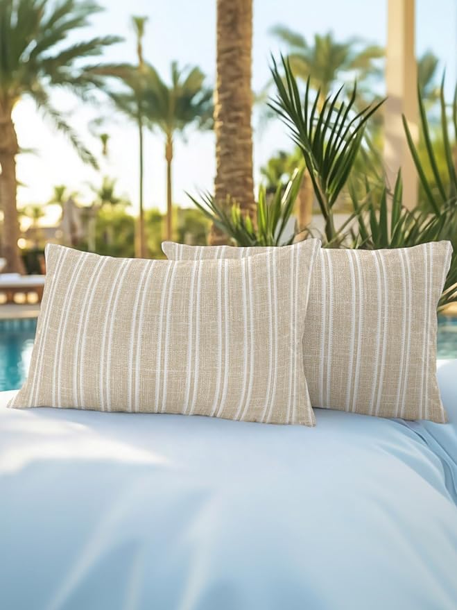 Waterproof Outdoor Pillow Set of 2 Beige Linen Striped Decorative Throw Pillows Cover & Insert 20x12 Inch Lumbar Pillowcase Vertical Stripes Lines Pillows for Couch Sofa Bed Patio Furniture