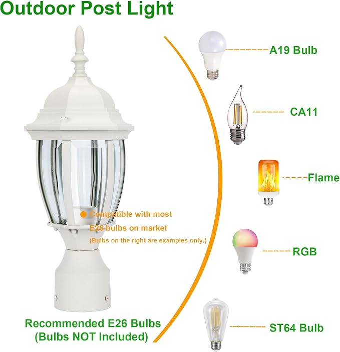Outdoor Post Light, Rustproof Aluminum Pole Lamp, White | Exterior Lamp Post Light Fixture for Garden, Yard, Pathway, Waterproof, Glass, E26 Base, Max 60W, 1 Pack