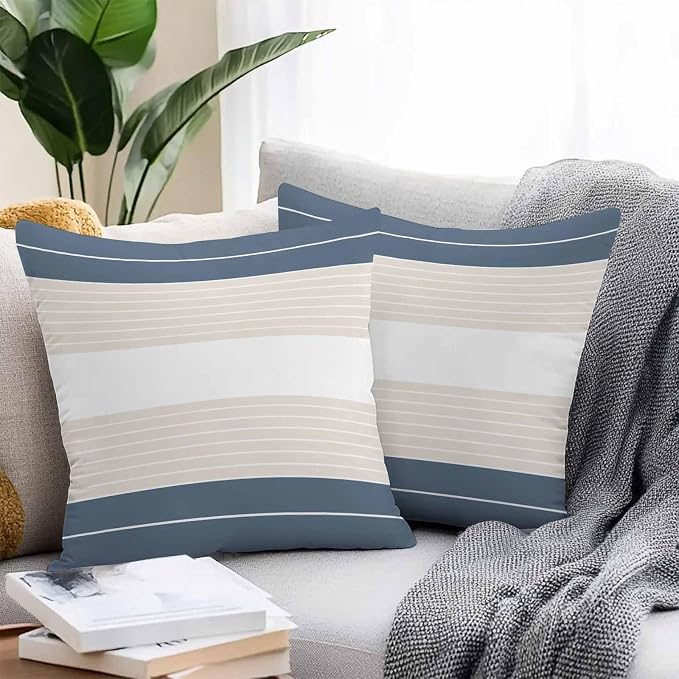 Haze Blue Beige Stripe Outdoor Pillow Covers Waterproof, All Weather Cushion Case Set of 2, Modern Art Horizontal Striped Decorative Pillowcases for Sofa Couch Bed Decor Patio Furniture 18"x18"