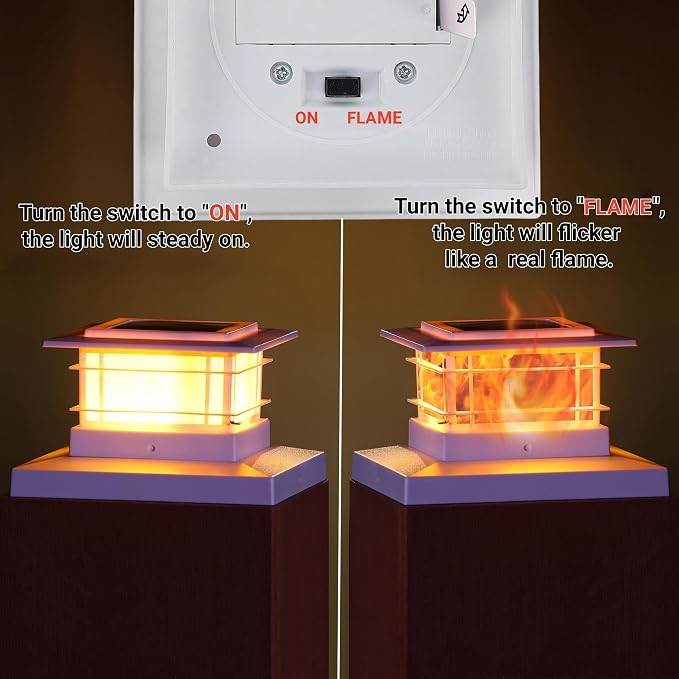 Dynaming 2 Pack Solar Post Cap Lights Outdoor with Flickering Flame Light, White Shell Fence Post Solar Lights Fit 4x4 5x5 Vinyl/Wooden Posts, Brightness LED Lighting Decor for Garden Deck Patio