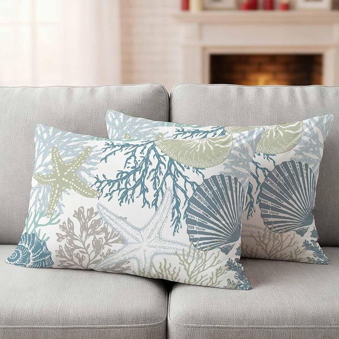 Blue Coral Coastal Waterproof Outdoor Pillow Covers 20''x12'' Set of 2, Starfish Conch Patio Furniture Summer Cushion Covers for Chairs, Decorative Beach Ocean Pillow Cases for Garden/Pool/Beach