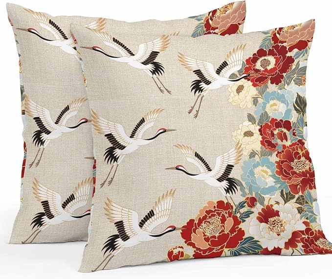 Japanese Style Outdoor Pillow Covers 20x20 Inch Throw Pillow Covers Set of 2 Waterproof Decorative Pillow Cases Country Vintage Blossom Peony Birds Cushion Covers for Patio Furniture Garden Couch Sofa