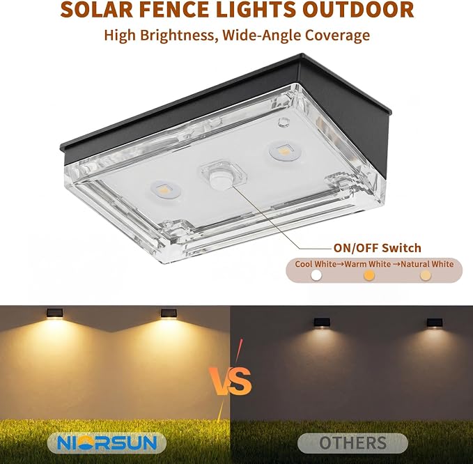 Solar Fence Lights 12 Pack, Outdoor Solar Lights with 3 Color Temperatures, IP65 Waterproof Wide-Angle LED Lighting for Fence, Patio, Yard, Deck, Wall, Garden (Black)