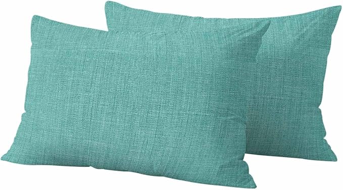 Outdoor Waterproof Throw Pillow Covers Set of 2 Turquoise Linen Lumbar Pillowcases 20x12 Inches Farmhouse Pure Color Decorative Pillows Cushion Case Patio Pillows for Couch Bed Chair Garden