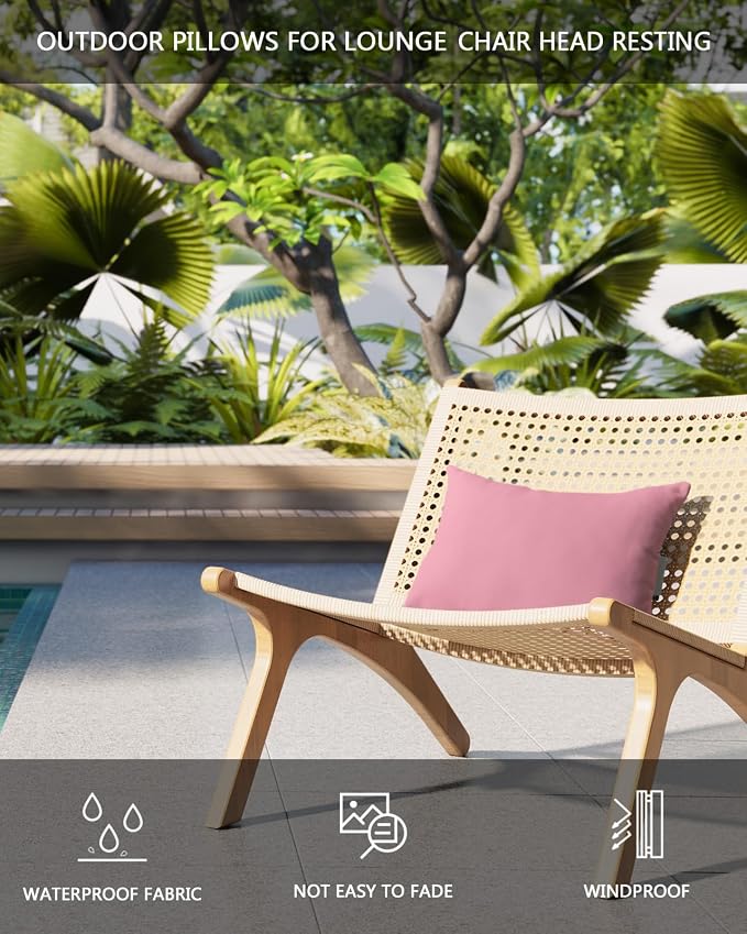 DecorLovee Pink Outdoor Recliner Pillows for Head, Modern Pure Pink Waterproof Chair Pillow with Elastic Stripe, Farmhouse Chaise Lounge Headrest Pillow for Patio/Beach/Pool 1Pack, 11"x16"