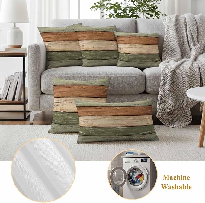 Farmhouse Sage Green Brown Outdoor Waterproof Pillow Covers, Vintage Wooden Striped Decorative Square Throw Pillowcase Sofa Cushion Sham for Patio/Couch/Chair, 18"x18" 2 Pack