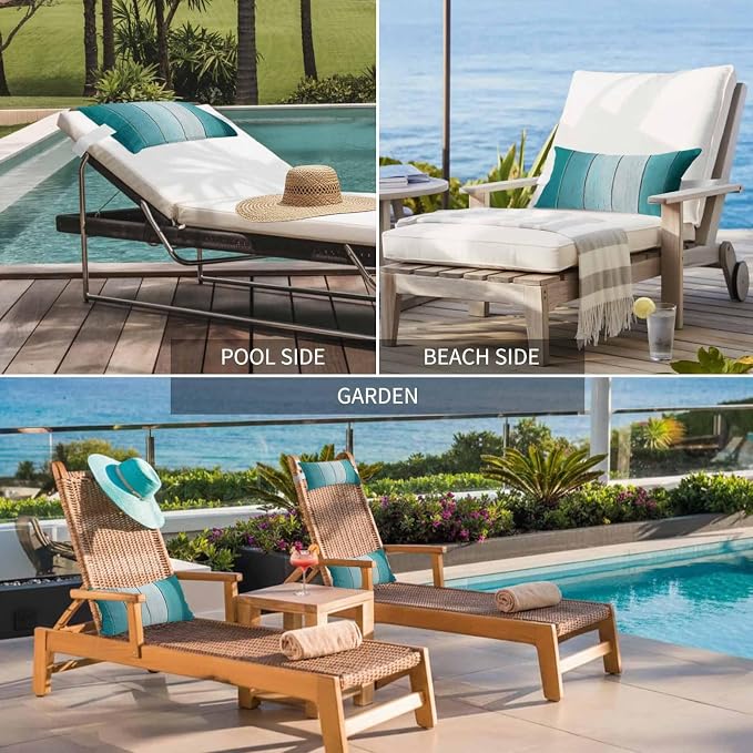 Aqua Ombre Outdoor Pillows for Chaise Lounge Chair Waterproof Lumbar Pillows with Insert&Adjustable Strap Beach Headrest Pillow Vintage Country Wooden Recliner Neck Pillow for Patio Pool 12"x20"
