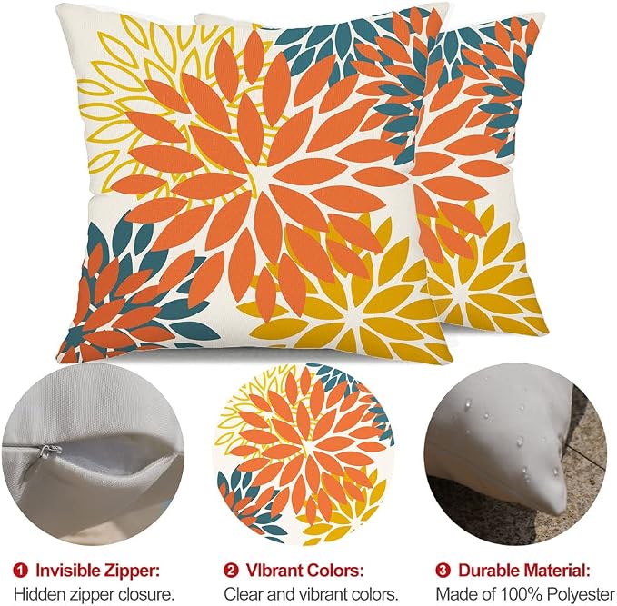 DFXSZ Outdoor Waterproof Pillow Covers 18x18 Set of 2 Orange Yellow Flower | Spring Summer Waterproof Flower Throw Pillowcases（No Inserts）Outdoor Decor for Fall Patio Funiture Garden Polyester Covers