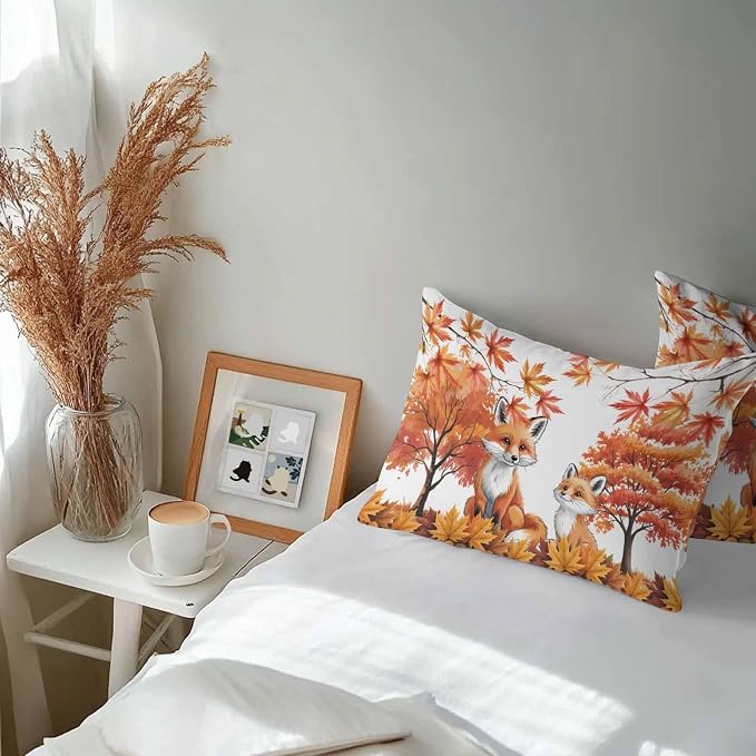 Orange Fox Outdoor Waterproof Pillow Covers, Thanksgiving Maple Leaves Autumn Trees Decorative Rectangle Throw Pillowcase Sofa Cushion Sham for Patio/Couch/Chair, 20"x12" 2 Pack