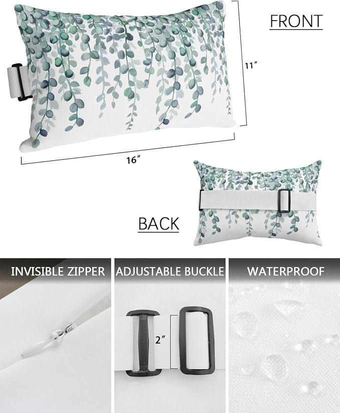 Outdoor Pillows Waterproof Covers Set of 2, Teal Green Eucalyptus Leaves Adjustable Elastic Chaise Lounge Headrest Pillow Covers, Watercolor Branches Lumbar Pillow for Beach Patio Furniture 11x16 Inch