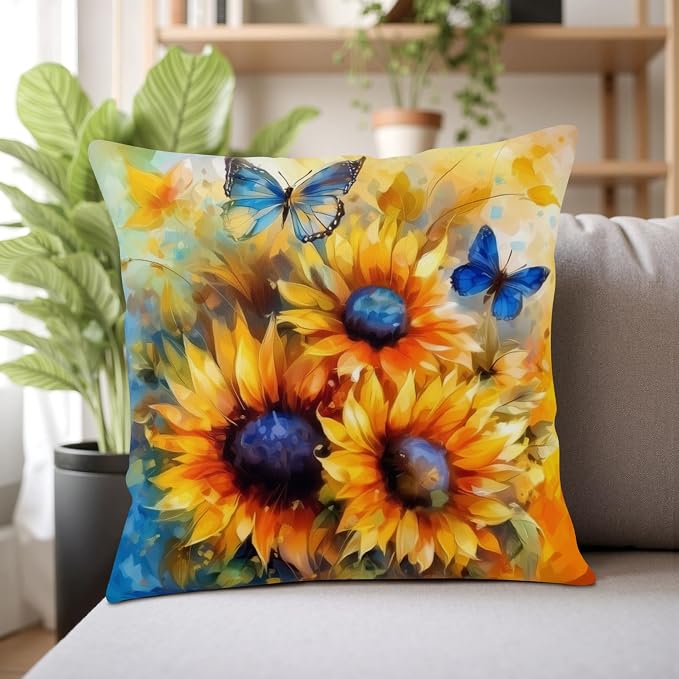 Oil Painting Sunflower Pillow Covers Sun Flower with Butterfly Throw Pillow Covers 18x18 Set of 2 Vintage Pillowcase Double Sided Printing Cushion Case for Home Decor Outdoor Sofa