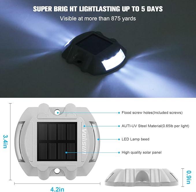 VOLISUN Solar Deck Driveway Dock Lights,Solar Pathway Lights,White 12 Pack | Solar Powered LED, IP68 Waterproof Led Outdoor Warning Step Marine Lights for Sidewalk Garden Yard