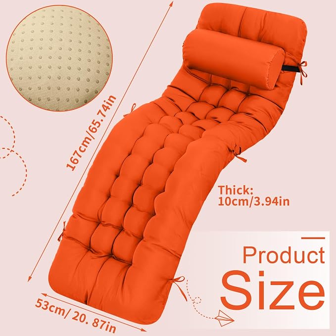 Tudomro Outdoor Chaise Lounge Cushion 66x21x4'' Waterproof & Fade-Resistant Patio Pool Chaise Lounge Cushion Headrest Pillow Tie Replacement Rocking High Back Chair(Bright Orange,1 Pcs)