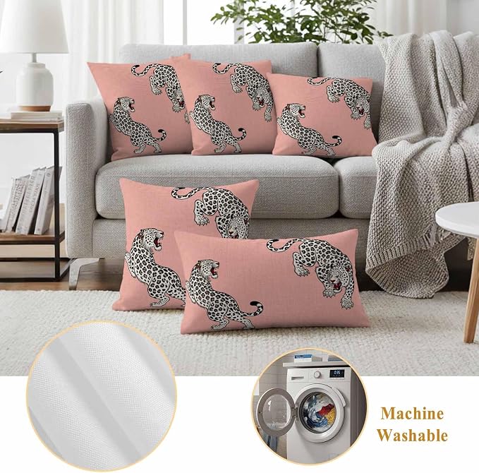 Vandarllin Outdoor Throw Pillows Covers 18x18 inch Set of 2 Waterproof Pink Leopard Decorative Zippered Cushion Covers for Patio Furniture, Bohemian Animal Print Lumbar Pillowcases