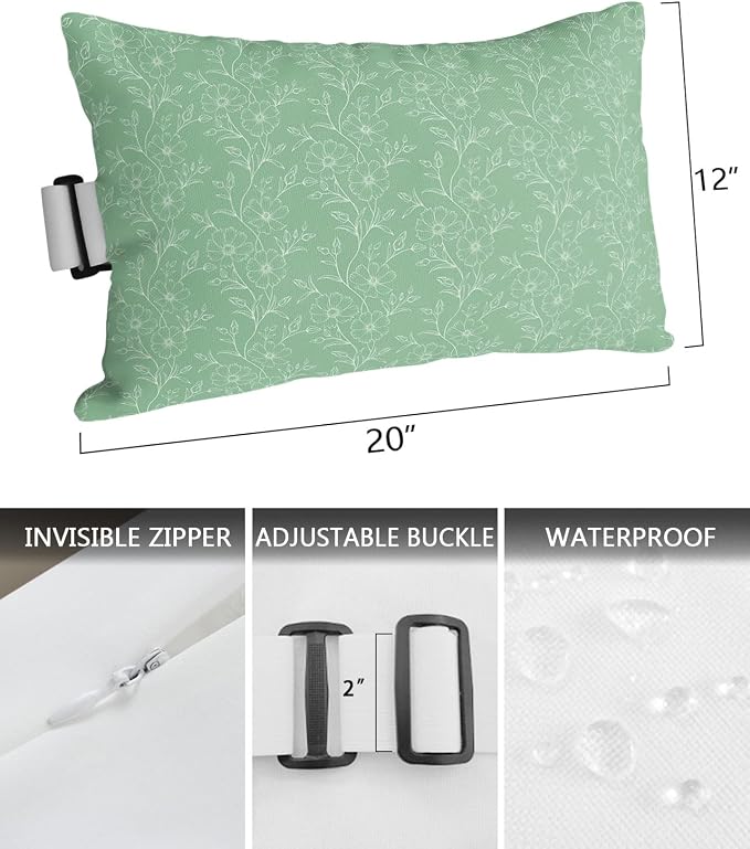 Outdoor Pillows Covers with Inserts Spring Summer Flowers Lines White Lines On Green Waterproof Pillow with Adjustable Strap Throw Pillows for Patio Furniture Recliner Lounge Chair, 12x20 inch, 1PCS