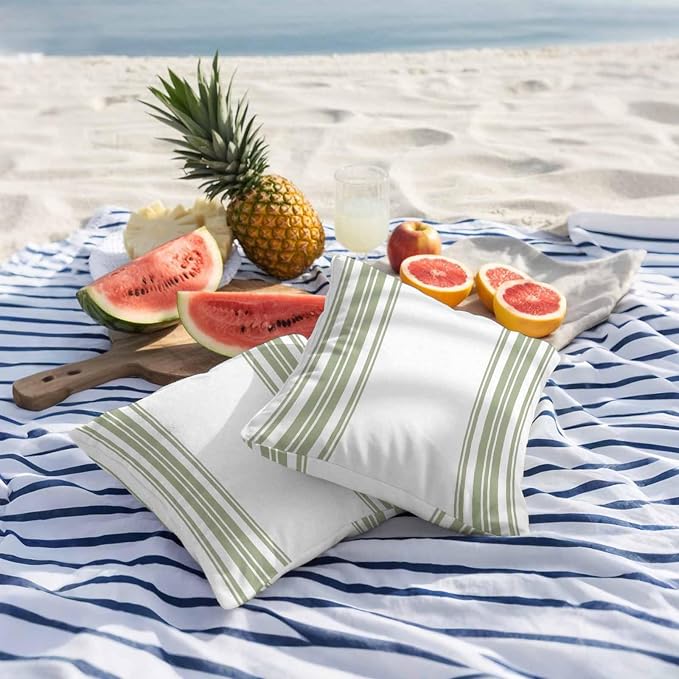 Outdoor Waterproof Throw Pillow Covers Set of 2 Sage Green Stripes Pillowcases 16x16 Inches White Vertical Striped Decorative Pillows Cushion Case Patio Pillows for Couch Bed Chair Garden