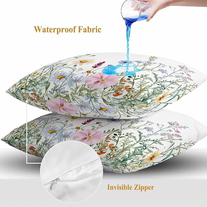 Farms Wildflowers Outdoor Waterproof Throw Pillow Covers Set of 2, 20"x20", Herbs Countryside Watercolor Floral Leaf Decorative Pillow Covers Outside Cushion Case for Patio Porch Garden