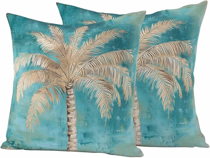Coastal Beach Tree Outdoor Waterproof Pillow Covers, Vintage Teal Brown Decorative Square Throw Pillowcase, Tropical Palm Tree Sofa Cushion Sham for Patio/Couch/Chair, 20"x20" 2 Pack
