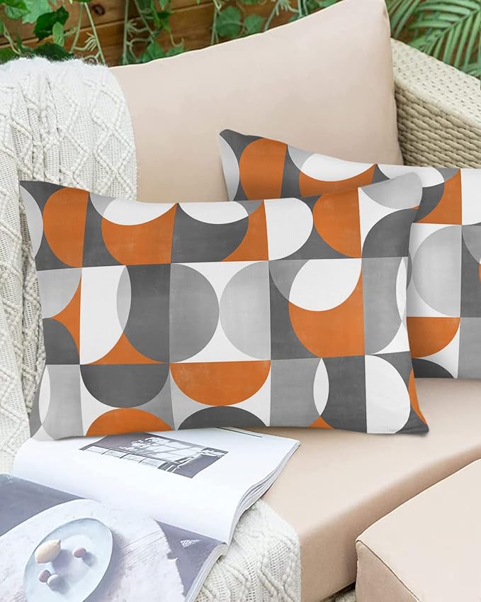 Vandarllin Outdoor Throw Pillows Covers 20x12 inch Set of 2 Waterproof Mid Century Geometric Decorative Zippered Cushion Covers for Patio Furniture, Abstract Modern Orange Lumbar Pillowcases
