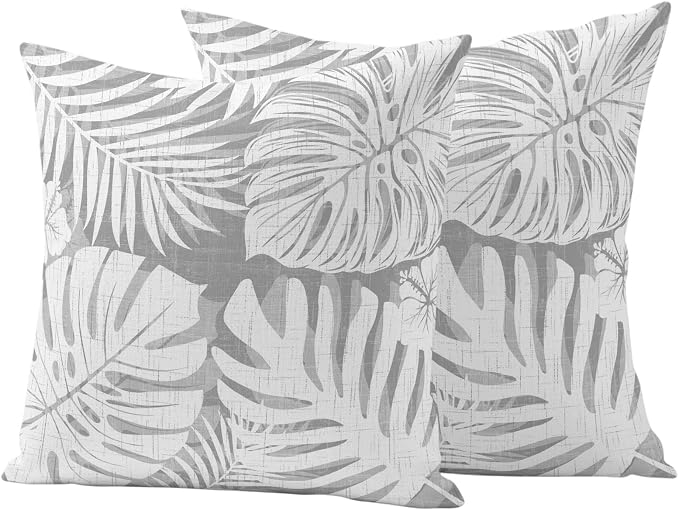 Light Grey Palm Leaves Outdoor Pillow Covers 26"x26" Set of 2, Tropical Botanical Modern Minimalist Waterproof Throw Pillow Covers for Patio Furniture, Decorative Cushion Covers for Porch