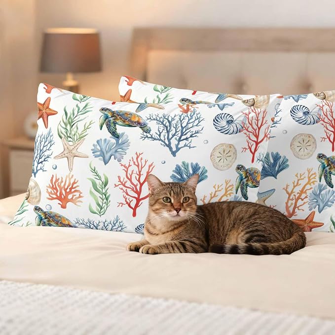 Summer Ocean Outdoor Waterproof Pillow Covers Pack of 2, Nautical Coastal Sea Turtles Shells Corals Starfish Decorative Throw Pillowcases Cushion Covers for Garden Patio Tent Sofa Couch, 20x12 inch