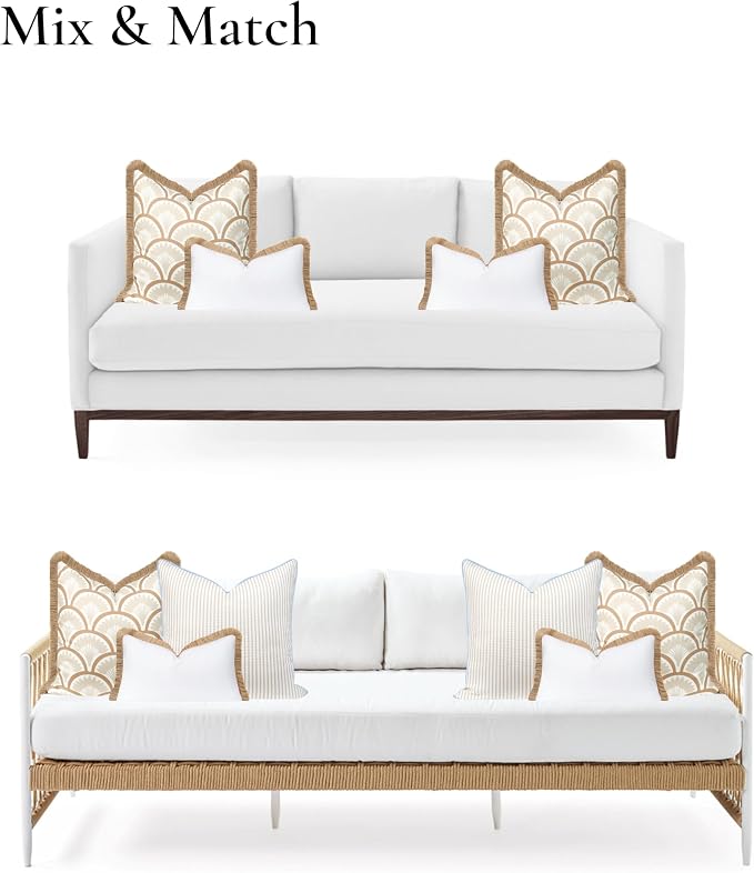 Hofdeco Premium Coastal Hampton Patio Indoor Outdoor Lumbar Pillow Cover Only, 12"x20" Water Repellent for Backyard, Couch, Poolside, White Neutral Tan Solid