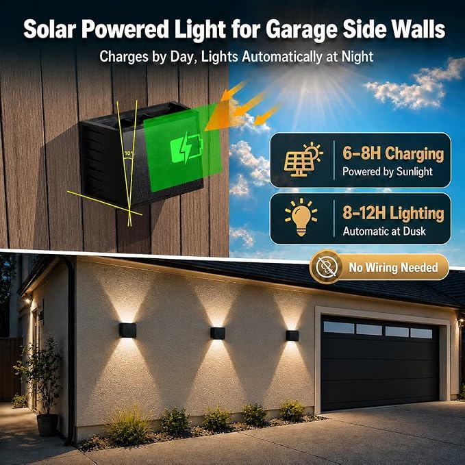 T-SUN Solar Wall Lights Outdoor 6 Pack, 3000K Up Down Solar Wall Sconce | IP65 Waterproof Decorative Accent Lights for Front Porch, Garage Wall, Back Patio, Fence Corner, Pathway Entry