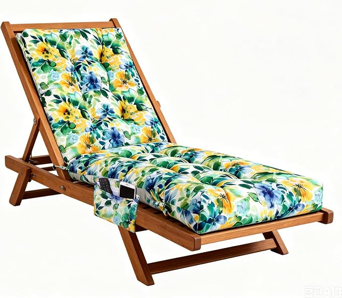 Patio Chaise Lounge Cushions, 68"x21"x4.5" Waterproof Replacement Beach Pool Lawn Outdoor Lounge Chair Cushion with Pocket, Non-Slip Bottom & Secure Ties for Outdoor Furniture, Flower Green