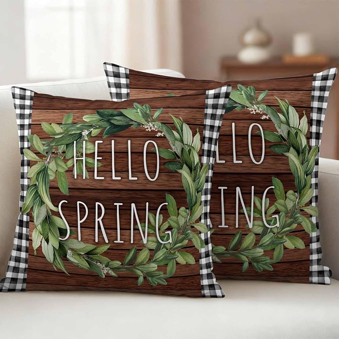 Hello Spring Outdoor Pillow Covers Pack of 2 Green Leaf Plant Black Plaid Brown Wood Grain Waterproof Throw Pillow Covers Decorative Cushion Cases for Patio Garden Tent Balcony Couch 18x18 inch