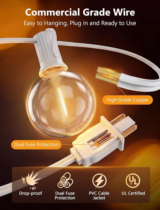 100FT G40 LED White String Lights Outdoor, Connectable Patio Globe String Lights with 52 Shatterproof LED Bulbs, Waterproof Backyard Hanging Lights for Wedding Porch Garden Bistro Deck Balcony Decor