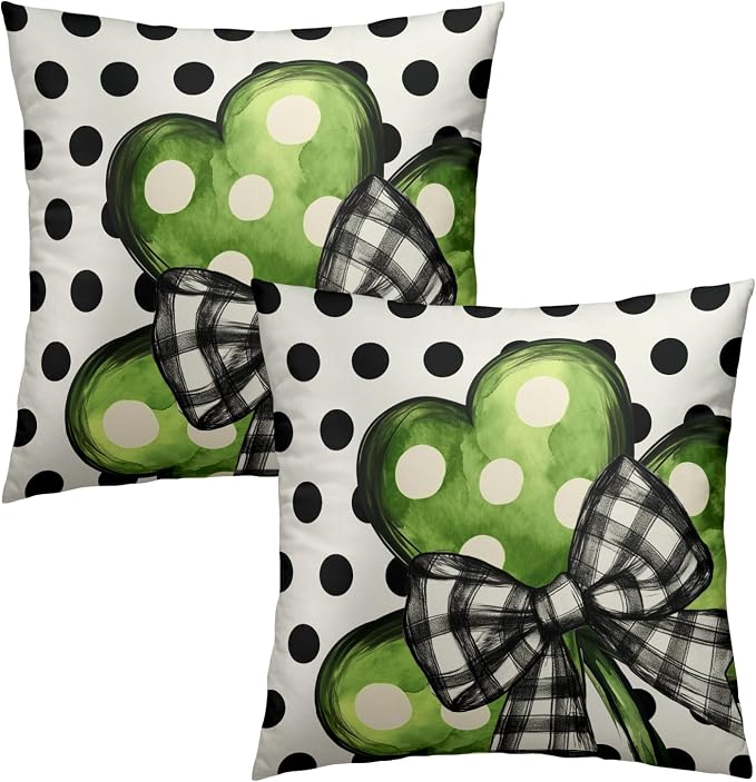 St Patricks Day Throw Pillow Covers 18x18 Inch – Set of 2 Black White Dot Green Shamrock Clover Pillow Covers Holiday Spring St Patricks Decorative Pillow Cases for Bed Couch Sofa