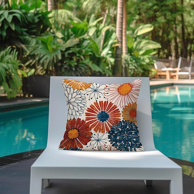 Navy Blue Dahlia Flower Outdoor Waterproof Throw Pillow Covers Set of 2 Abstract Floral Printed Outdoor Pillow Covers for Patio Furniture, Porch, Garden 18x18 Inch