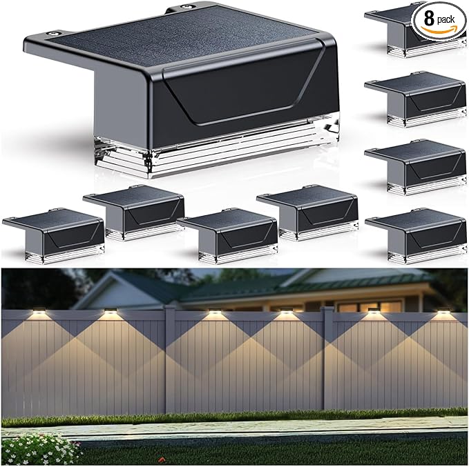 LIANGLOME Solar Fence Lights Outdoor - 3000/4000/6000K 3 Mode, IP65 Waterproof Solar Powered Fence Lights, Dusk to Dawn for Outside, Backyard/Step/Patio/Deck/Stair Railings and Wall (8 Pack)