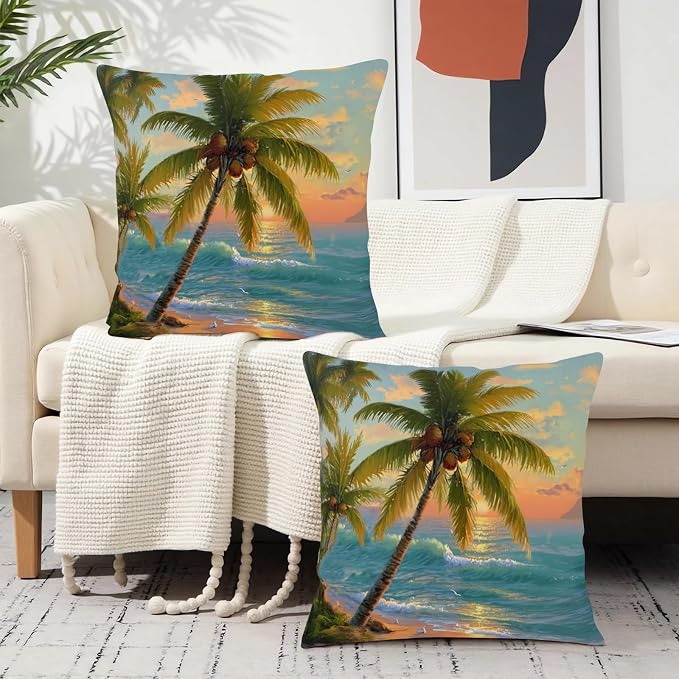 Tropical Throw Pillow Covers Coconut Palm Tree Pillow Covers 24x24 Summer Sunset Coastal Outdoor Pillowcases Hawaiian Sea Wave Cushion Cases for Home Farmhouse Sofa Couch 2 Pcs