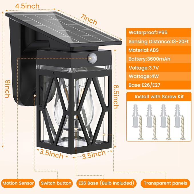 2 Pack Solar Porch Lights Outdoor with Dusk-to-Dawn Motion Sensor | 200LM 3000K Warm White, E26 ST58 Bulb, Classic Lantern Design, 3 Lighting Modes, IP65 Waterproof for Porch, Garage & Patio