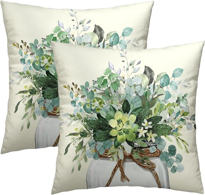 Green Plant Leaf Pillow Covers 20x20 Inch, 2Pcs Watercolor Eucalyptus Leaves Throw Cushion Cover Pillow Case Spring Summer Farmhouse Home Decor for Sofa Bed Couch