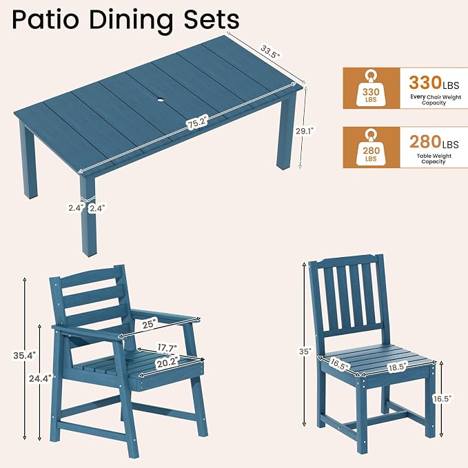 Ayge 9-Piece Outdoor Dining Set – HDPE Patio Furniture for 8 with 2" Hole Cut-Out Table & 8 Chairs, Perfect for Pool, Patio, Garden, Navy