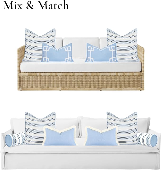 Hofdeco Premium Coastal Hampton Outdoor Performance Throw Pillow Cover Only, 20"x20" Water Repellent, UV and Fade Resistant for Backyard, Couch, Poolside, Azure Blue Indigo Woven Bayside Stripes