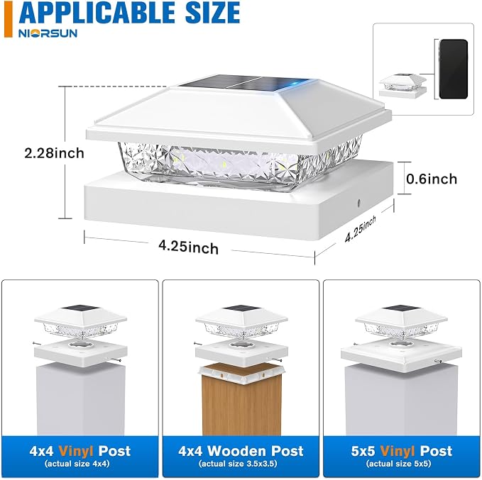 Solar Post Cap Lights,4x4 Post Solar Light Cool White,White 16 Pack | Fence Post Solar Lights for 4x4 Post Caps Wood Vinyl &5x5 Vinyl Post,IP64 Waterproof Solar Post Lights Outdoor for Deck