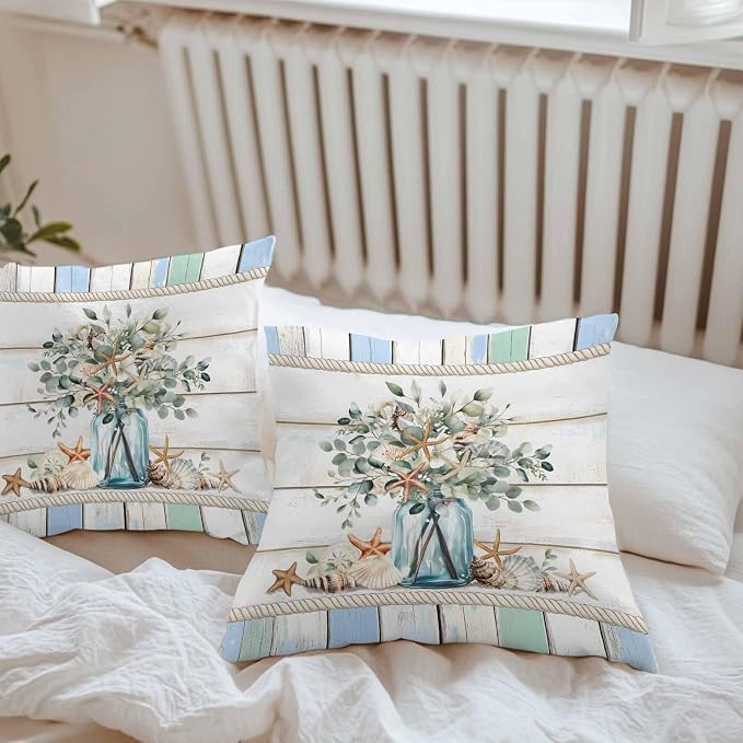 Green Eucalyptus Waterproof Outdoor Pillow Covers Set of 2 Home Decor, Botanical Floral Starfish in Vase Pillowcase Patio Pillow Covers for Couch Bench Furniture Garden 20x20in